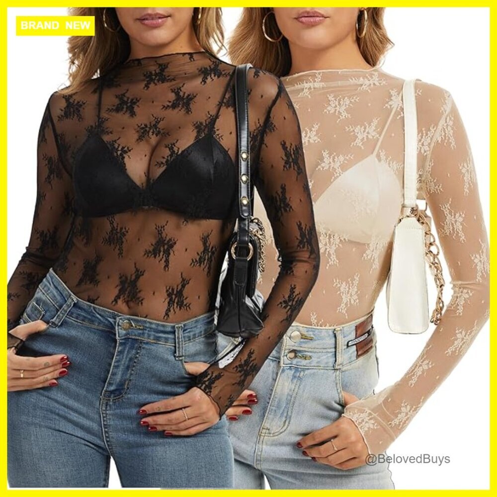 Sheer Mesh Long Sleeve Blouse with Floral Lace Mock Neck Layering Top